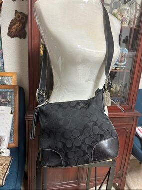 Coach Black Signature Jacquard Shoulder Bag with Leather Trim